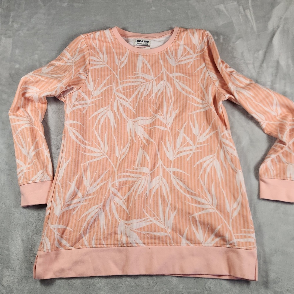 Lands End Serious Sweats Striped Tropical Crewneck Sweatshirt Sz L Pink Cozy